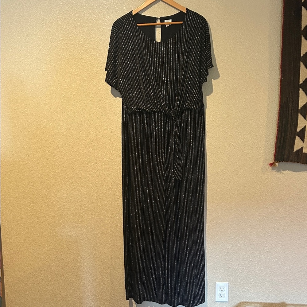Dress Barn Black Metallic-Striped Tie-Waist Jumpsuit